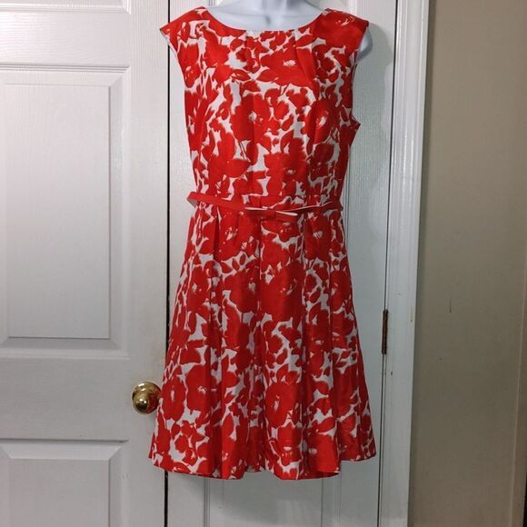 Danny and Nicole red white floral print sleeveless belted dress Sz 14 - Picture 1 of 5